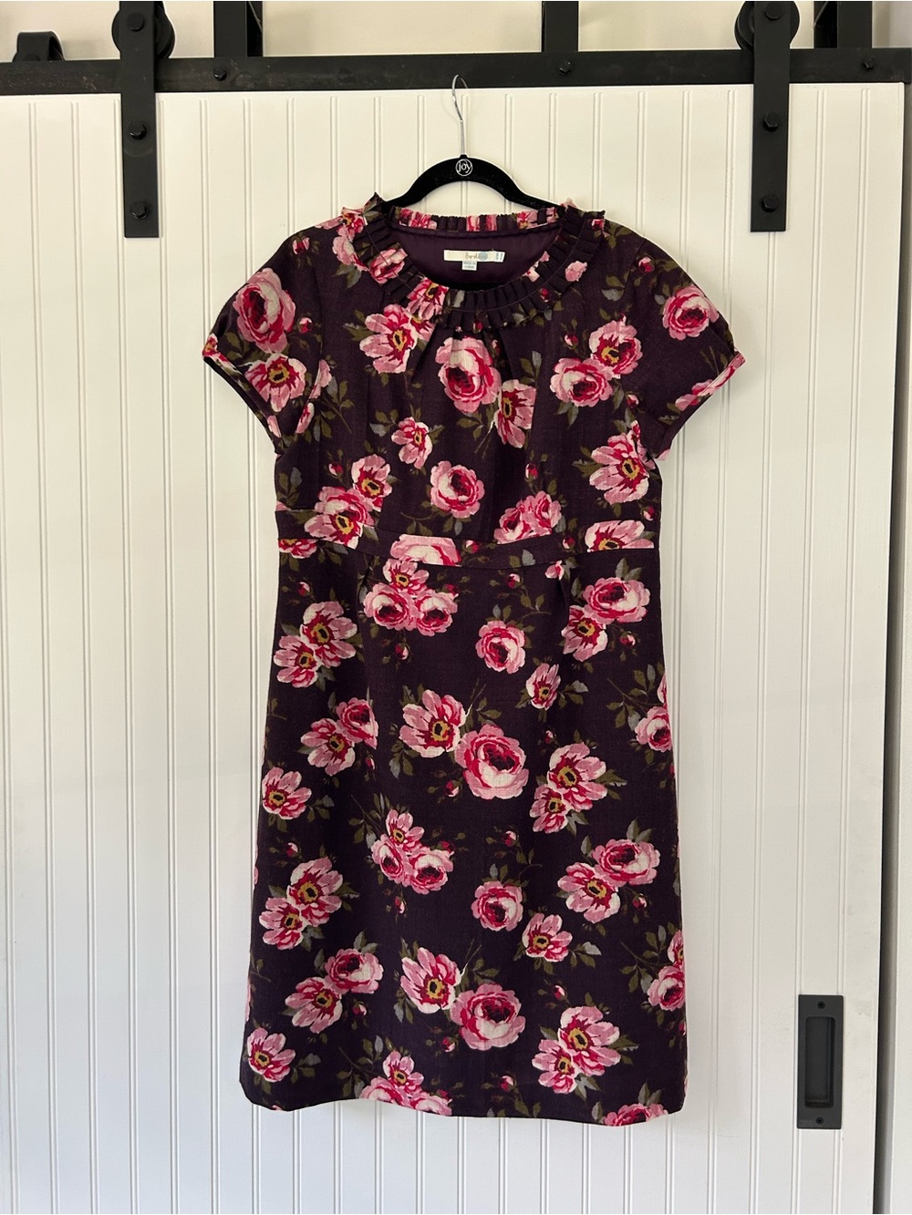 Boden Plum Floral Short-Sleeve Dress with Pink Roses